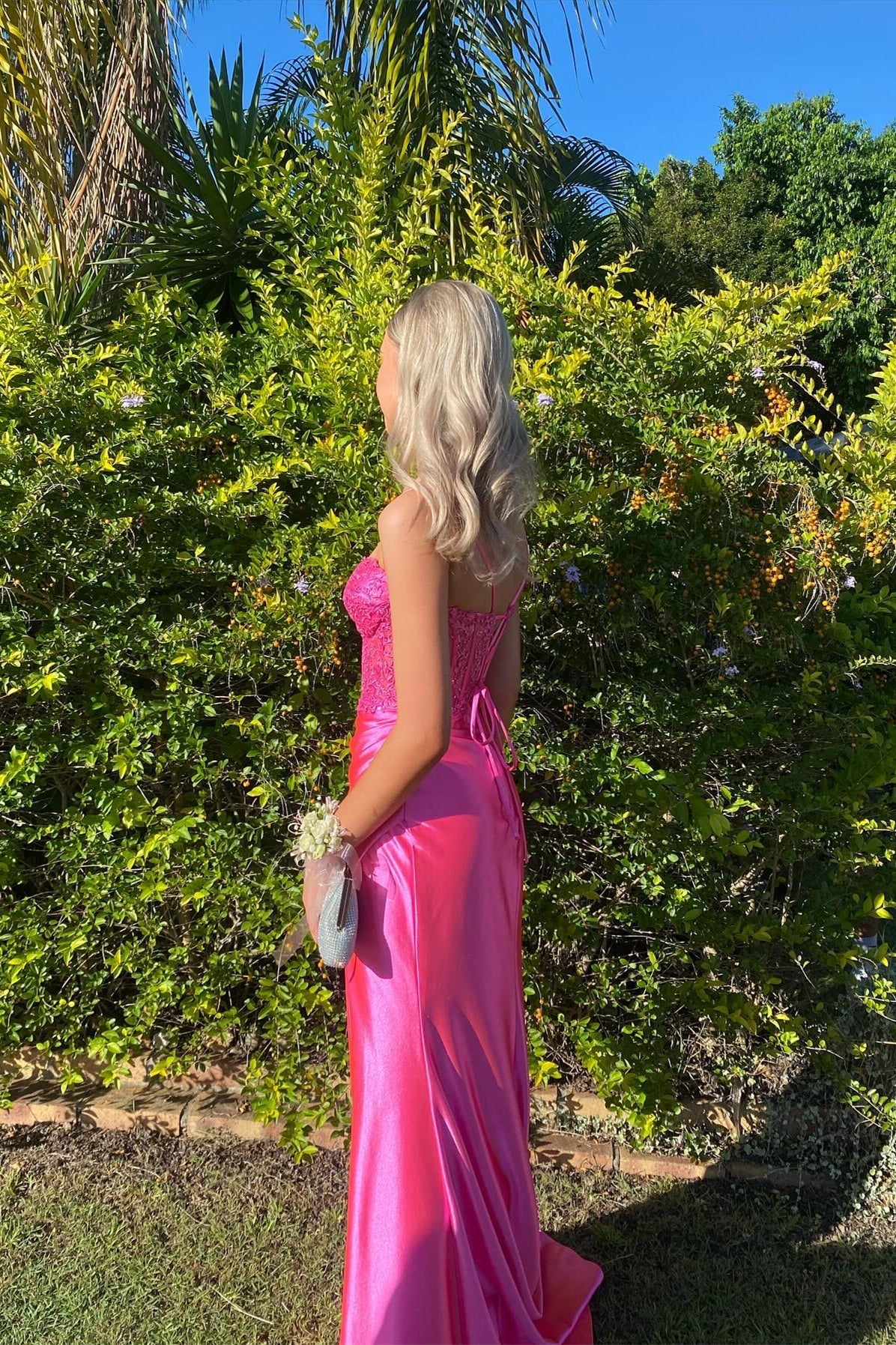 Hot Pink Appliques Lace Long Formal Gown Ruched - mychicdress