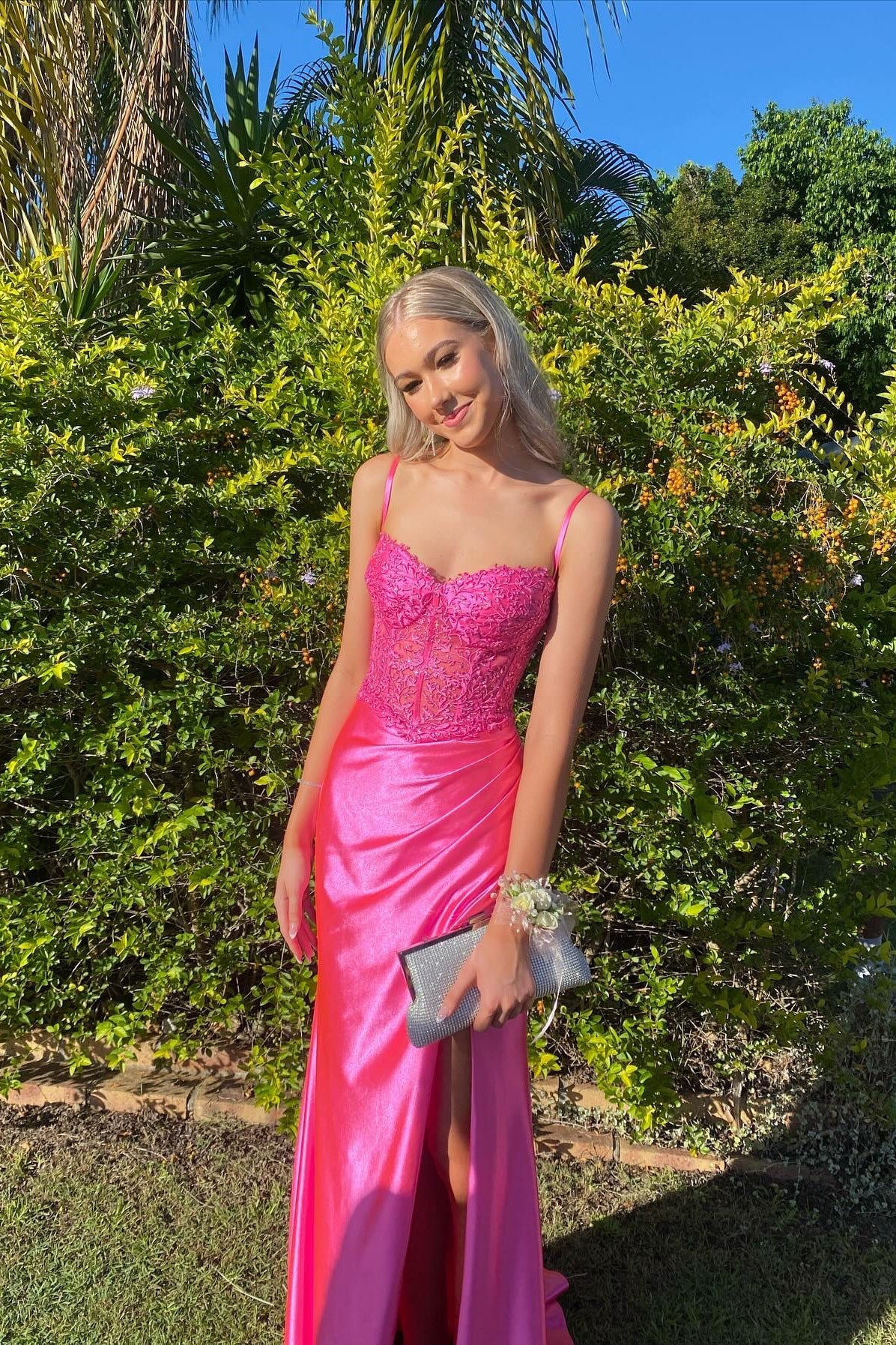 Hot Pink prom dress Appliques Lace Long Formal Gown Ruched - mychicdress