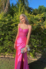 Hot Pink prom dress Appliques Lace Long Formal Gown Ruched - mychicdress