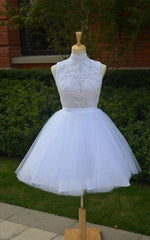 Knee-Length Lace Wedding Dress High neck Tulle Beading