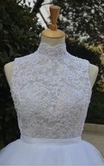 Knee-Length Lace Wedding Dress High neck Tulle Beading