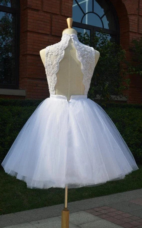 Knee-Length Lace Wedding Dress High neck Tulle Beading