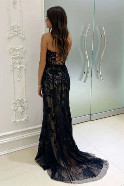 Lace Black Prom Dresses Long Strapless Sweetheart Mermaid - MyChicDress