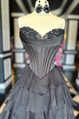 Navy Blue Lace Chiffon Tiered prom Dress Strapless with Ruffles