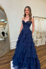 Navy Blue Lace Chiffon Tiered prom Dress Strapless with Ruffles