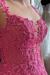 Cheap Lace Embroidery Hot Pink Long Prom Dress A-line