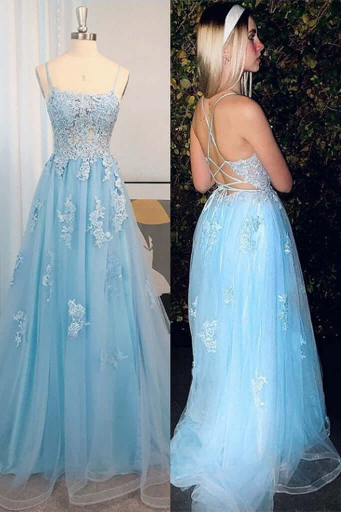 Cheap Lace Long Light Blue Prom Dresses A Line Open Back - MyChicDress