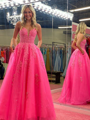 Lace Pink Long Prom Dresses V Neck A Line Evening Dress UK