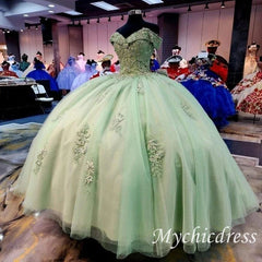 Lace Sage Green Bodice Quinceanera Dress Off-Shoulder Sweetheart