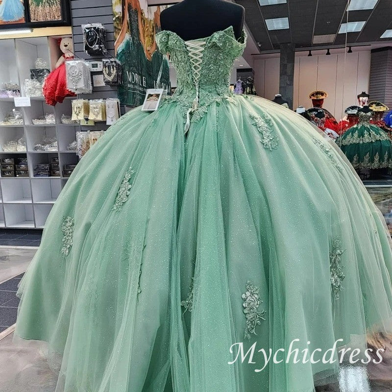 Lace Mint Green Bodice Quinceanera Dress Off-Shoulder Sweetheart - MyChicDress