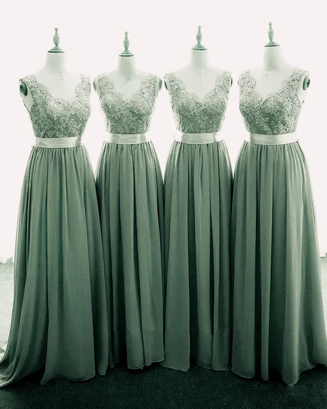 Lace Sage Green Bridesmaid Dresses Boho V-neck Straps Appliques - MyChicDress