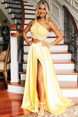 Lace Yellow 2 Piece Prom Dresses One Shoulder with Slit