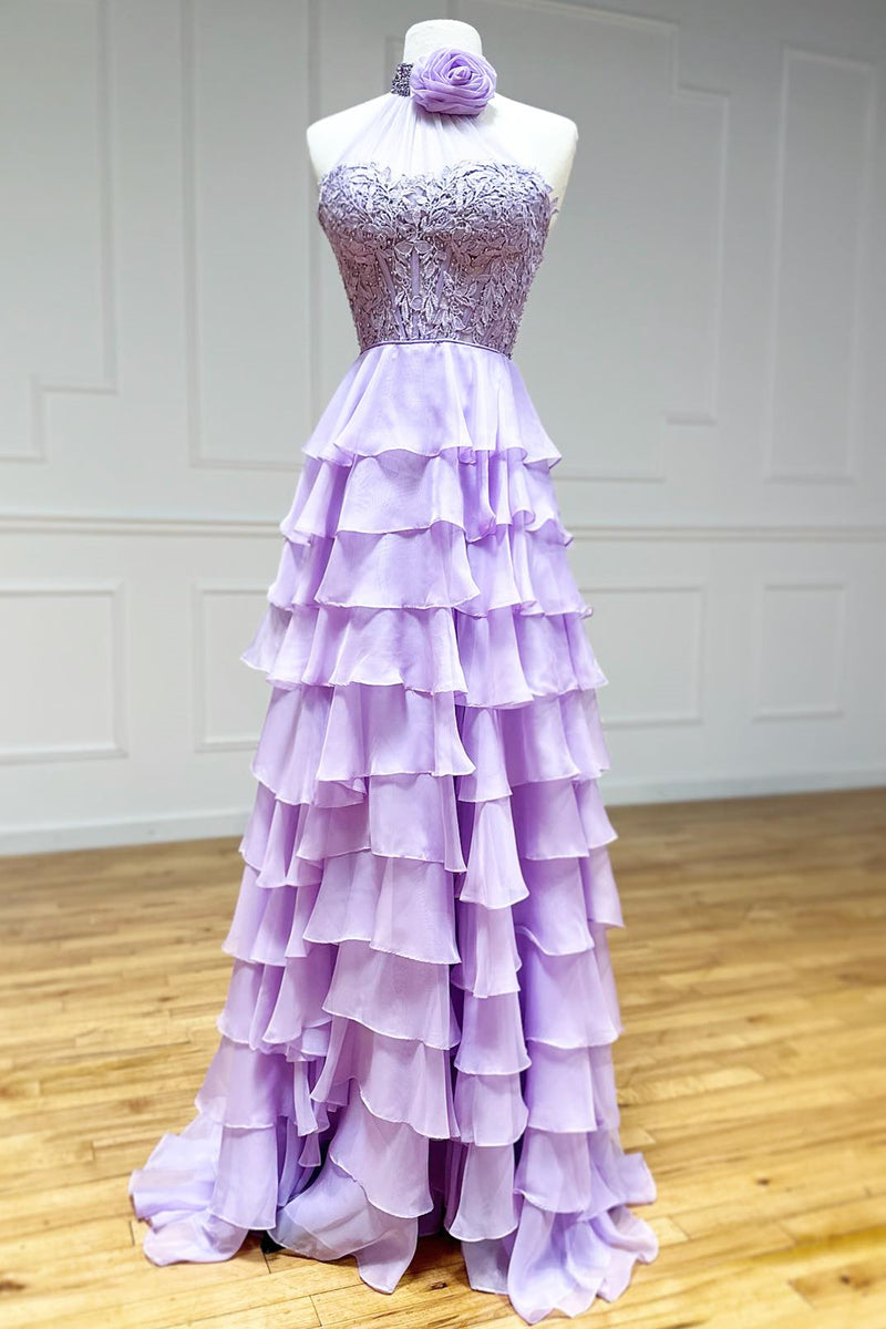 Lavender Long Tiered Violet Prom Dress Ruffle High Neck with 3D Flower - MyChicDress