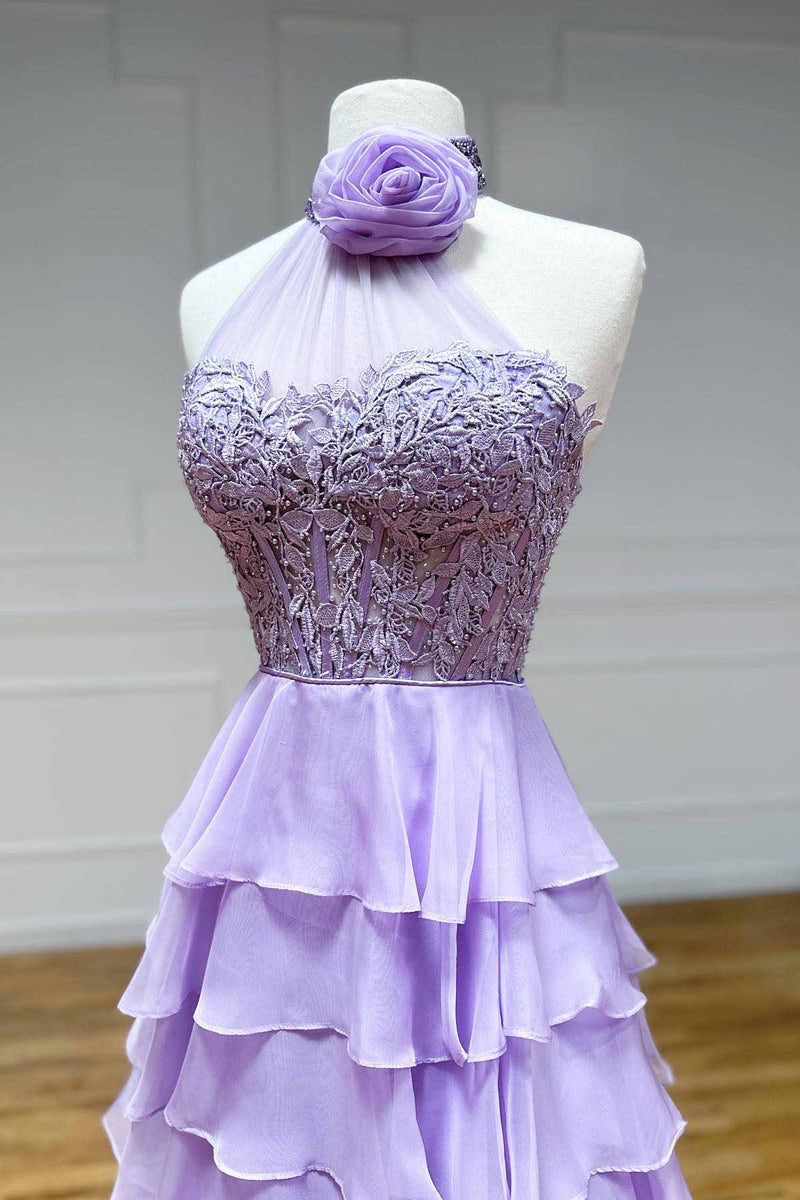 Lavender Long Tiered Violet Prom Dress Ruffle High Neck with 3D Flower - MyChicDress