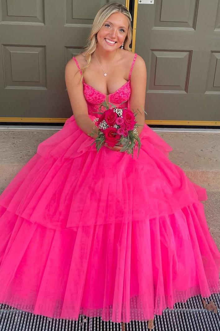 Layered V-Neck Tulle Long Ruffles Prom Dresses Tiered