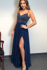 Long Beaded Navy Blue Prom Dress Sheath V Neck Chiffon Formal Dress MyChicDress