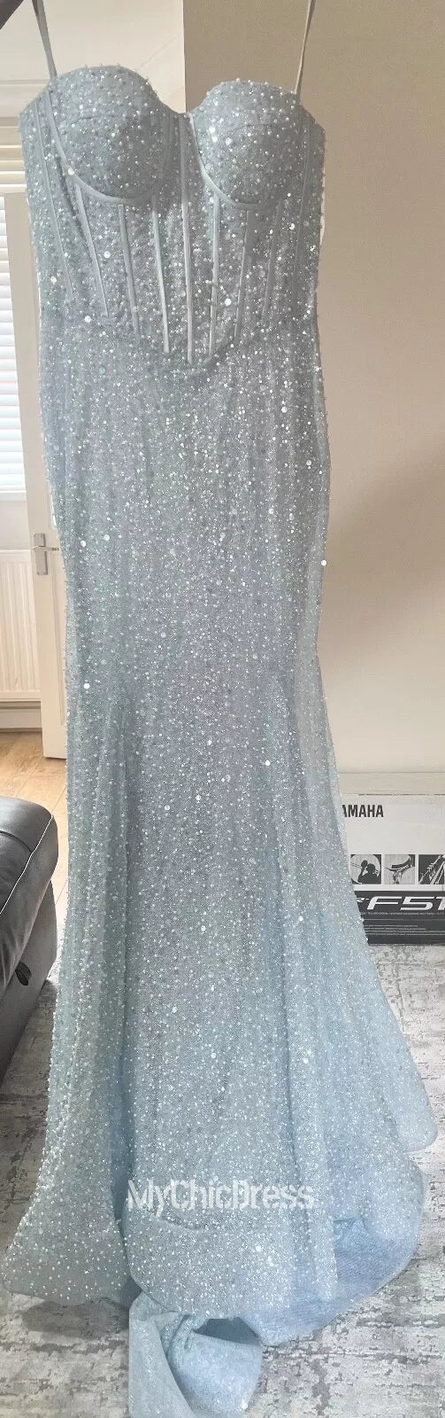 Long Light Sky Blue Prom Dresses Sequins  Mychicdress