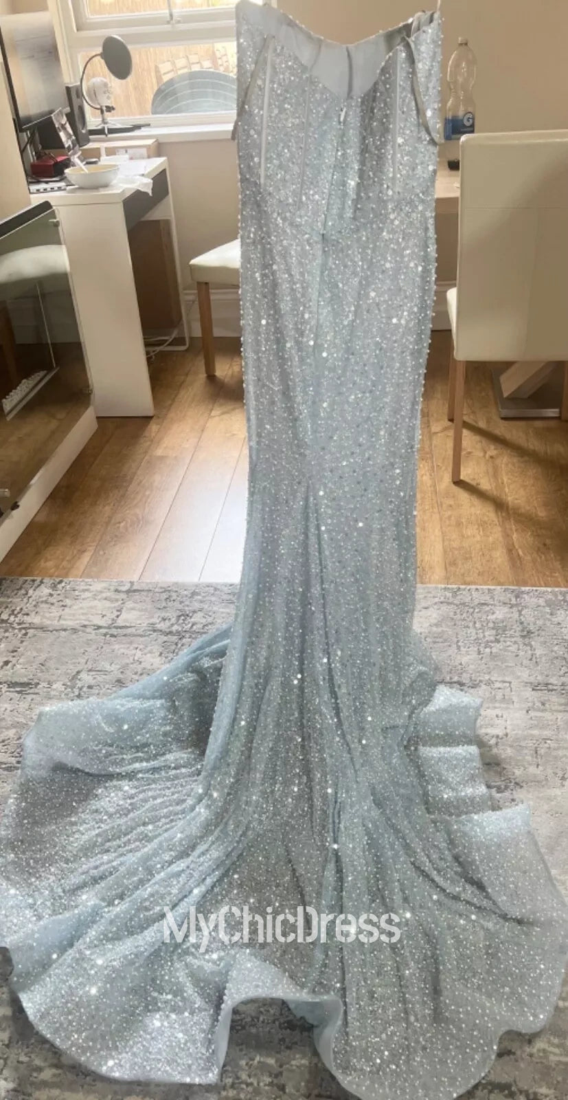 Long Light Sky Blue Prom Dresses Sequins  Mychicdress