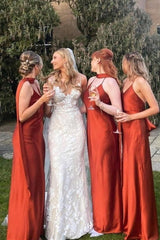 Long Rust Red Mismatch Bridesmaid Dress Boho Mermaid Wedding Guest Dress MyChicDress