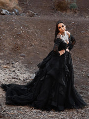 Long Sleeves Black Wedding Dress Gothic Off Shoulder V-neck Tiered Skirt MyChicDress