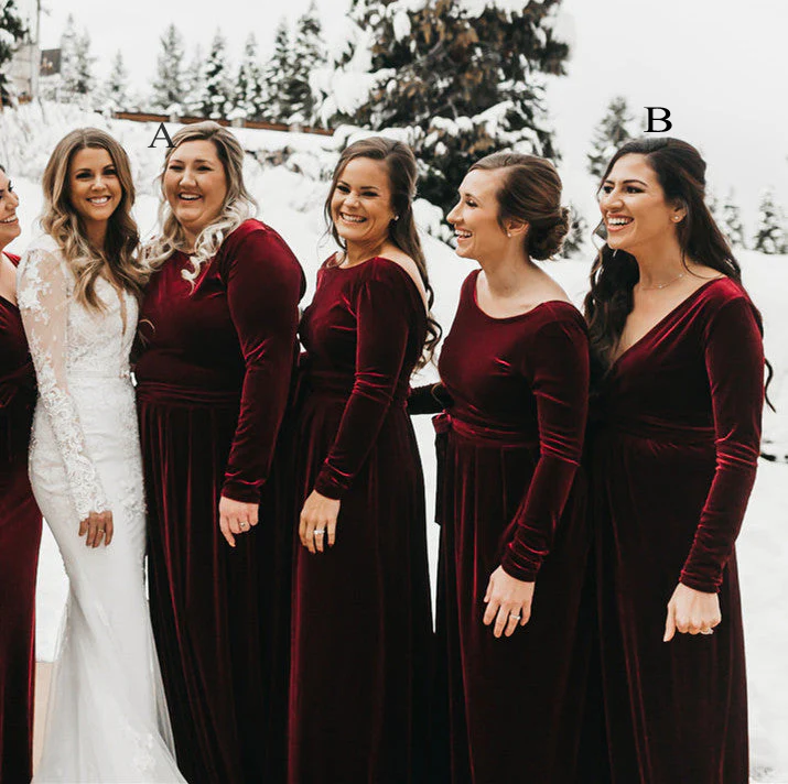 Long Sleeves Burgundy Velvet Bridesmaid Dresses for Fall Winter Wedding - MyChicDress