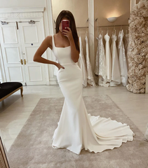 Long Square Ivory Mermaid Satin Summer Wedding Dresses - MyChicDress