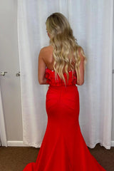 Long Strapless Prom Dress Red Ruffle Fitted Formal Guest Beach Dress