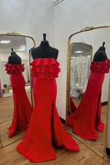 Long Strapless Prom Dress Red Ruffle Fitted Formal Guest Beach Dress