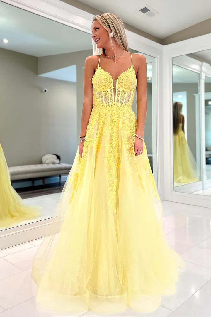 Long Yellow Floral Prom Dresses A-line