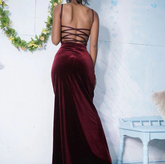 Long Burgundy Mermaid Velvet Evening Dress Square Neck - MyChicDress