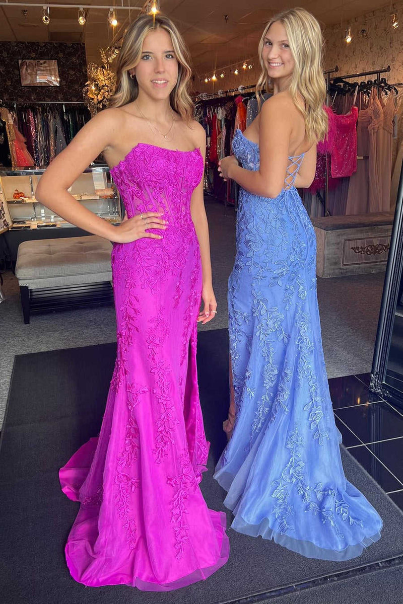 Long Corset Prom Dresses Lace Strapless Mermaid with Slit - MyChicDress