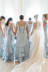 Long Dusty Blue Tiered Satin Bridesmaid Dress with Bow Straps