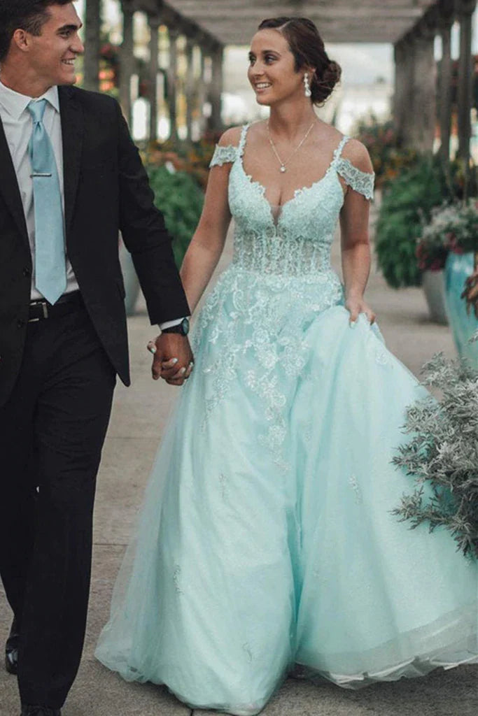 Light blue Lace Corset Prom Dresses Off the Shoulder with Appliques