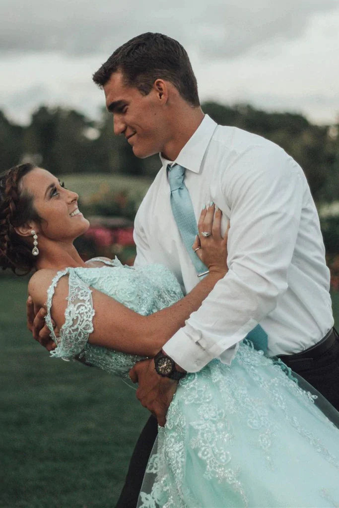 Long Lace Corset Prom Dresses Off the Shoulder with Appliques