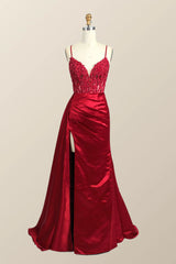 Long Mermaid Red Formal Dress Lace Straps Satin