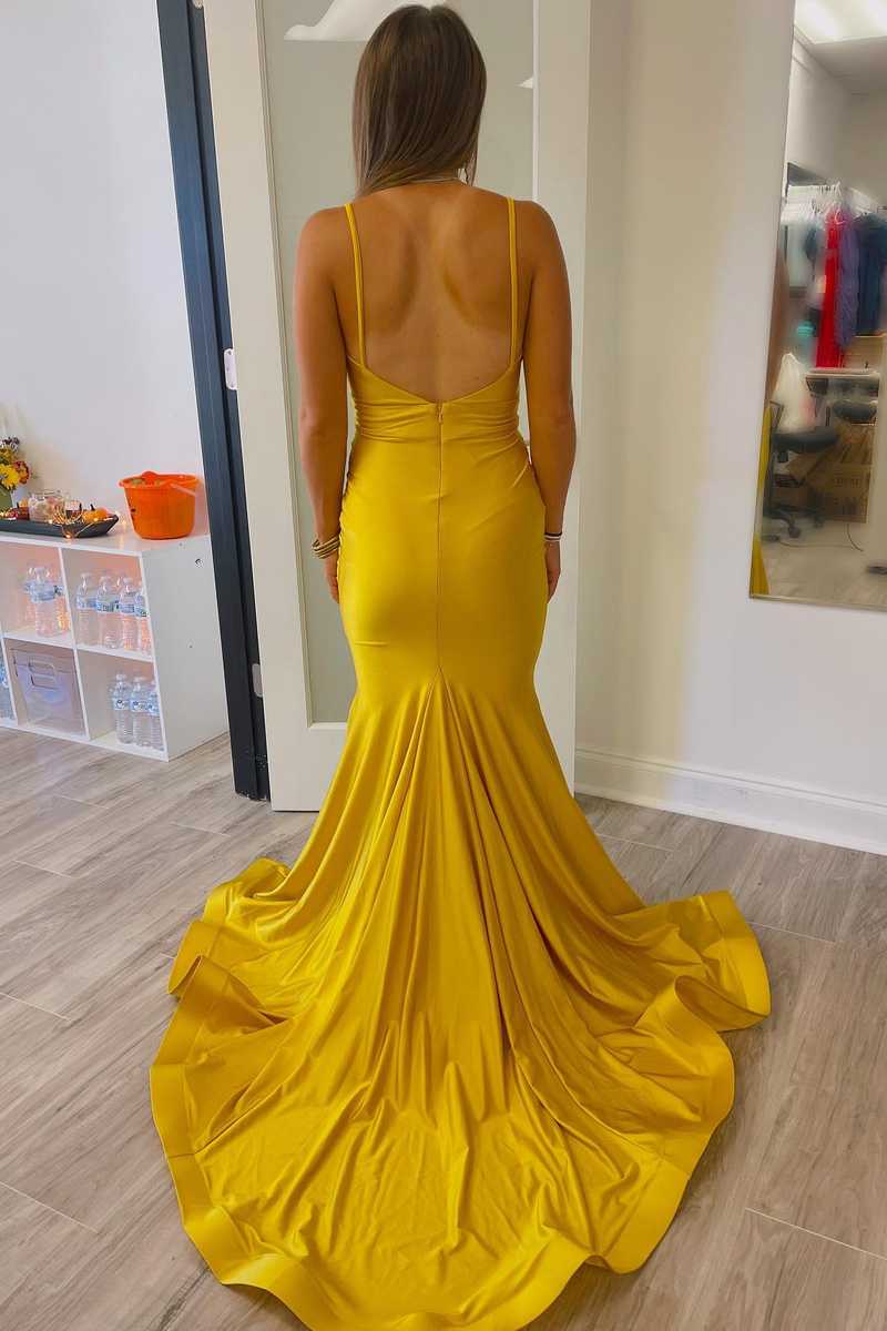Long Mustard Yellow Prom Dresses Straps Mermaid Pleated - MyChicDress