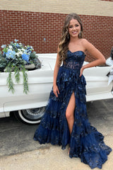 Long Navy Blue Sequin Tiered Formal Dresses Strapless split