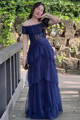 Long Navy Blue Tiered Prom Dress Tulle Off the Shoulder Formal Dress - MyChicDress