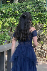 Long Navy Blue Tiered Prom Dress Tulle Off the Shoulder Formal Dress