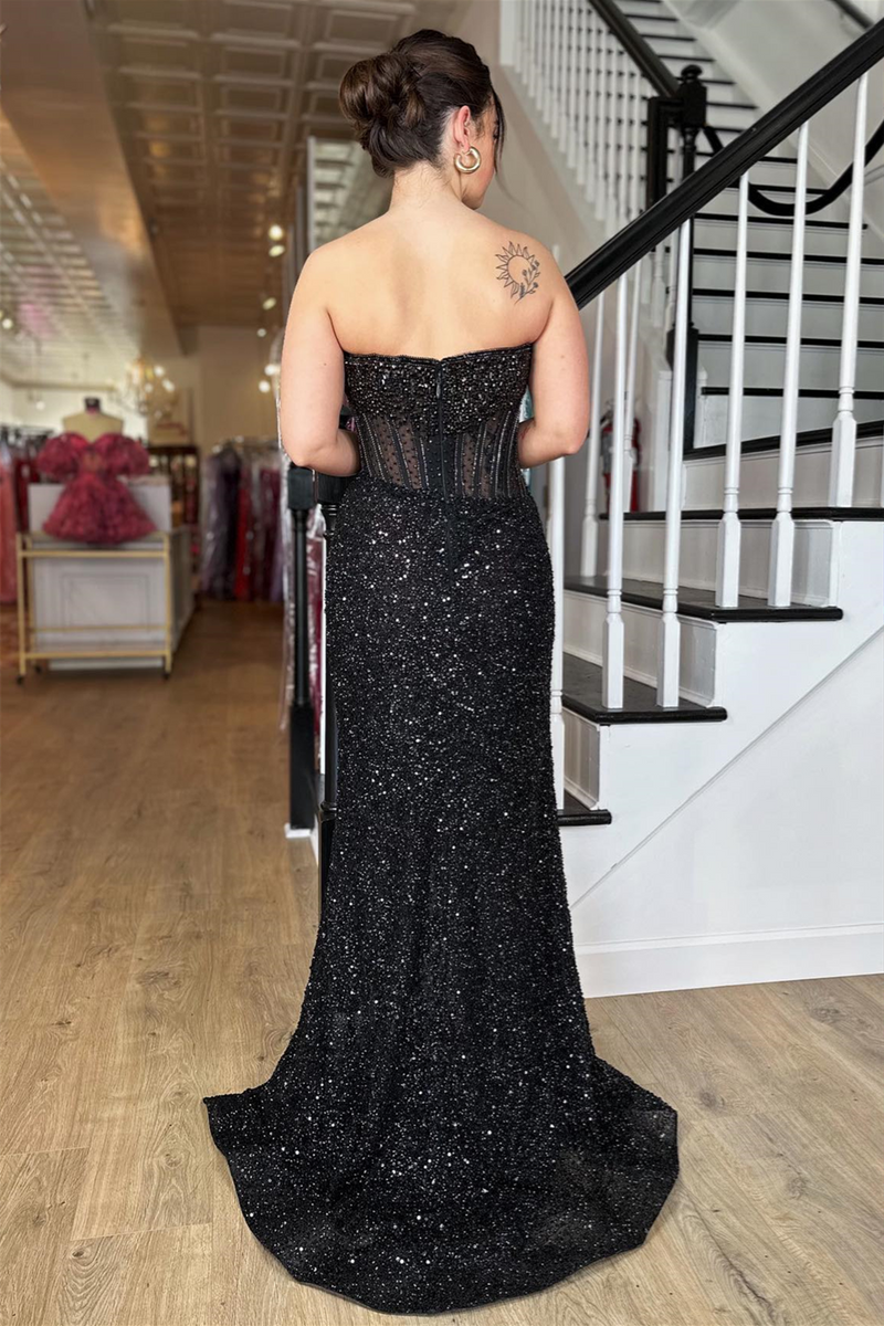 Long Prom Dress Black Strapless Sequins Evening Dress Mermaid Slit - MyChicDress