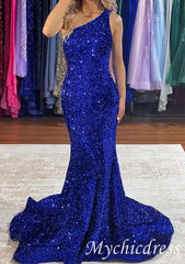 Long Prom Dresses Royal Blue One Shoulder Sequin Evening Gown UK