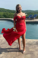 Long Red Graduation Dress Lace Off Shoulder High Slit