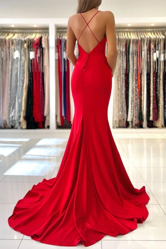 Long Red Prom Dresses Mermaid V-Neck Evening Dress Spaghetti Strap - MyChicDress