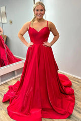 Long Red Satin Evening Dresses V Neck Open Back Lace Train