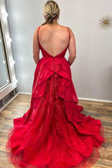 Long Red Satin Evening Dresses V Neck Open Back Lace Train