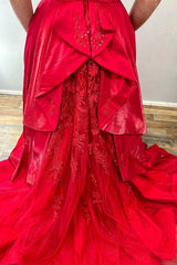 Long Red Satin Evening Dresses V Neck Open Back Lace Train