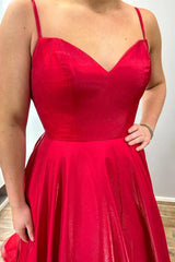 Long Red Satin Evening Dresses V Neck Open Back Lace Train