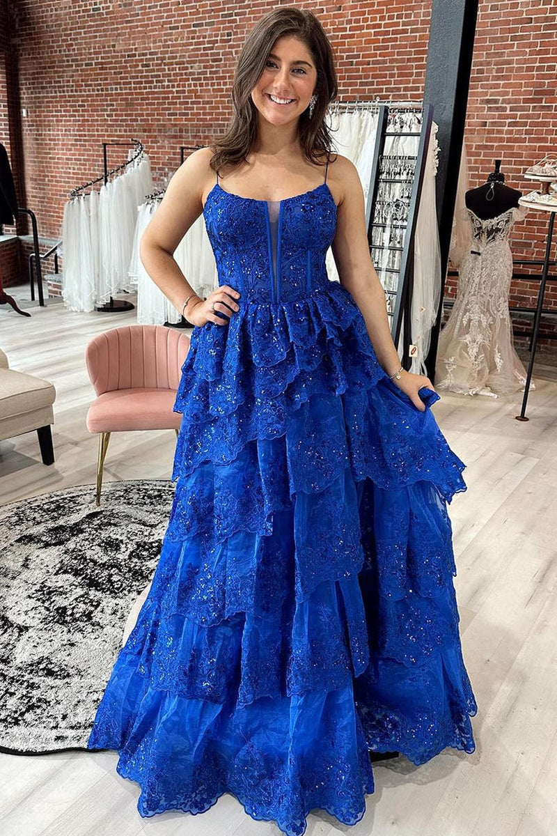 Long Royal Blue Tiered Prom Dress A-Line Sequins Straps - MyChicDress