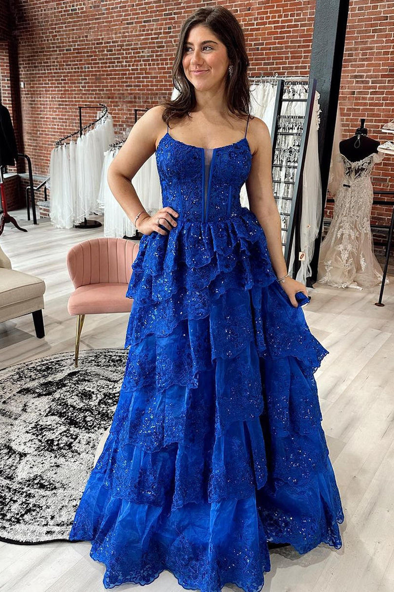 Long Royal Blue Tiered Prom Dress A-Line Sequins Straps - MyChicDress