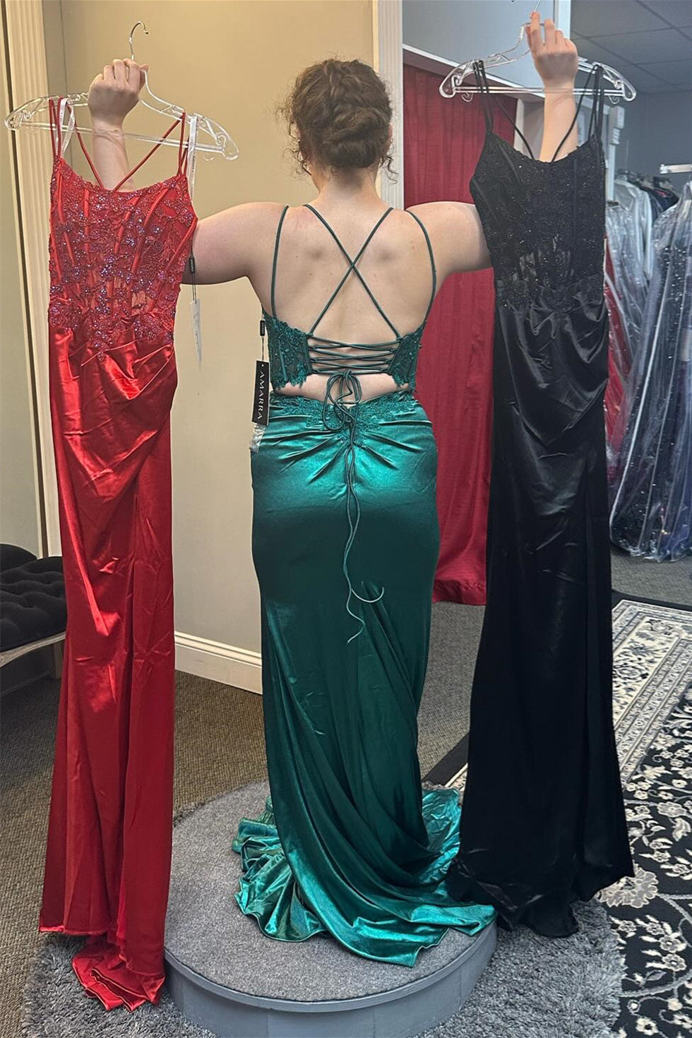 Long Satin Emerald Green Lace Prom Dresses Straps with Slit - MyChicDress
